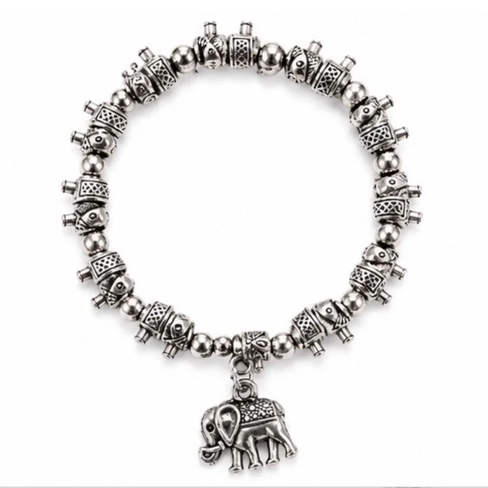 Bohemian Oxidized Silver Tone Elephant Charm Stretch Bead Bracelet Womens